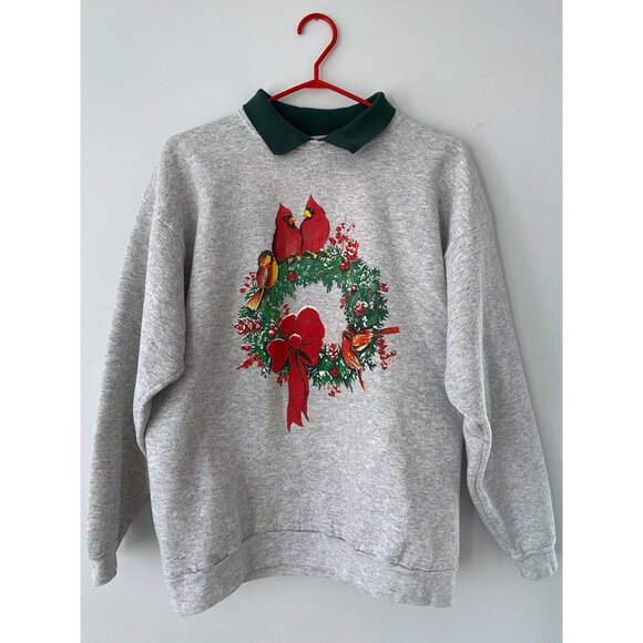 90s vintage christmas holiday wreath graphic collared graphic pullover sweater - Picture 5 of 7